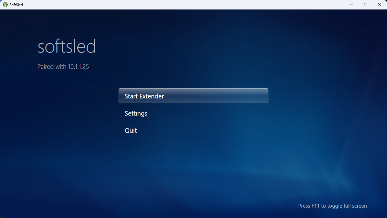 SoftSled landing screen showing pairing status and Start Extender button