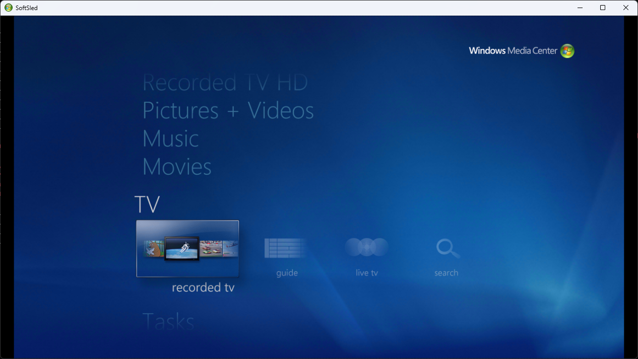 Windows Media Center home screen running through SoftSled